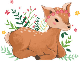 Flat design deer fawn is lying wearing pink garland with leaves and buds on transparent background