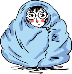 Cartoon illustration is showing person snuggling under light blue blanket on transparent background