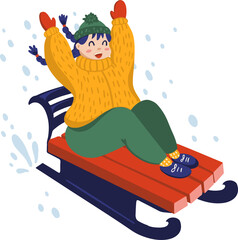 Cartoon child is sledding on red navy sled through falling snow, transparent background