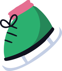 Displaying flat vector green ice skate boot with pink cuff and silver blade, transparent background