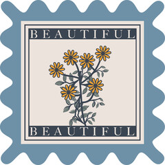 Flat vector scalloped label showing yellow daisy flowers and BEAUTIFUL text on transparent backdrop