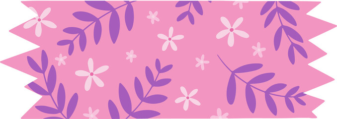 Displaying flat pink scalloped ribbon motif with daisies and purple leaves, transparent background