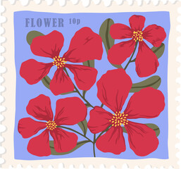 Vector perforated stamp is showing red flowers, FLOWER 10p serif label on transparent background