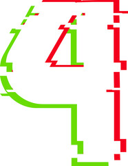 Presenting stylized numeral four using glitch art effect in red and green on transparent canvas