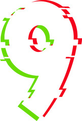 stylized numeral nine floating on transparent background, showing glitching red green outlines