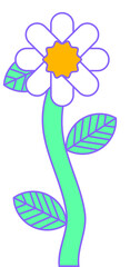 Minimalist vector flower is showing white petals green stem striped leaves on transparent backdrop