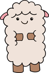 Cute cartoon sheep is standing with fluffy wool, pink ears, brown hooves, transparent background