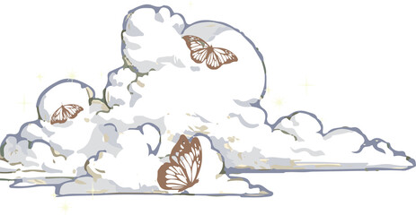 Puffy clouds are floating in cutout style with butterflies and sparkles on transparent background