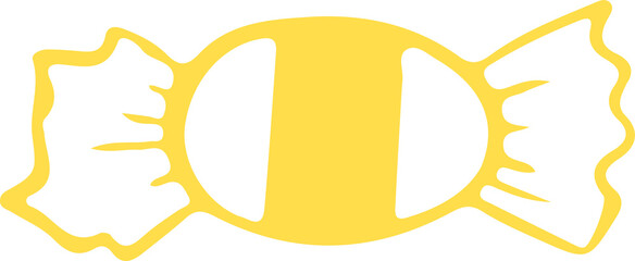 Flat design wrapped candy is showing golden oval center with twisted ends on transparent background