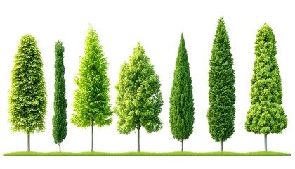 Collection of various trees against a white background.