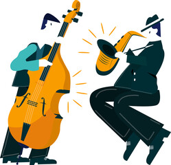 Flat design duo playing jazz on transparent background featuring double bass and tenor saxophone