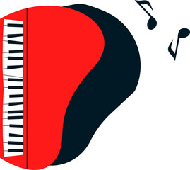 Stylized grand piano floating on transparent background with red top, black keys and musical notes