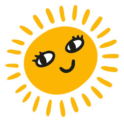 Cartoon sun is radiating friendly rays with smiling face in flat design, transparent background