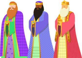 Three kings are standing in flat cartoon style, holding golden chalices on transparent background