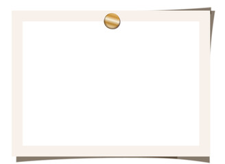Flat design Polaroid-style frame hanging on brown board with gold thumbtack, transparent background