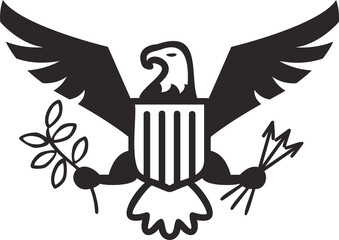 Eagle is soaring in silhouette with striped shield olive branch arrows on transparent background