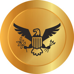 Flat gold coin is showing heraldic eagle with shield olive branch arrows on transparent background