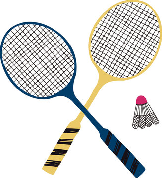 Fototapeta Flat style yellow and blue rackets are crossing on transparent backdrop, with pink shuttlecock