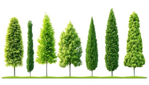Collection of various trees against a white background.