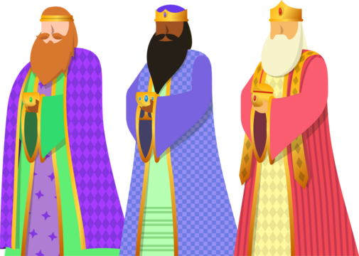 Three kings are standing in flat cartoon style, holding golden chalices on transparent background