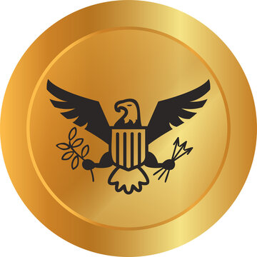 Fototapeta Flat gold coin is showing heraldic eagle with shield olive branch arrows on transparent background
