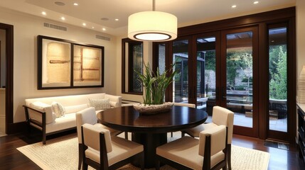 Fototapeta premium Modern dining room with elegant decor, natural light, stylish furniture, and indoor plants in a contemporary home setting