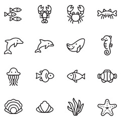 Delightful Ocean Life Icons Set: Dolphins, Fish, Crab, Lobster, Starfish, Shell, Seaweed, and More