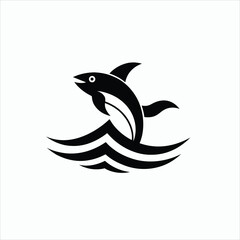 Obraz premium Black silhouette of a dolphin leaping above stylized ocean waves art