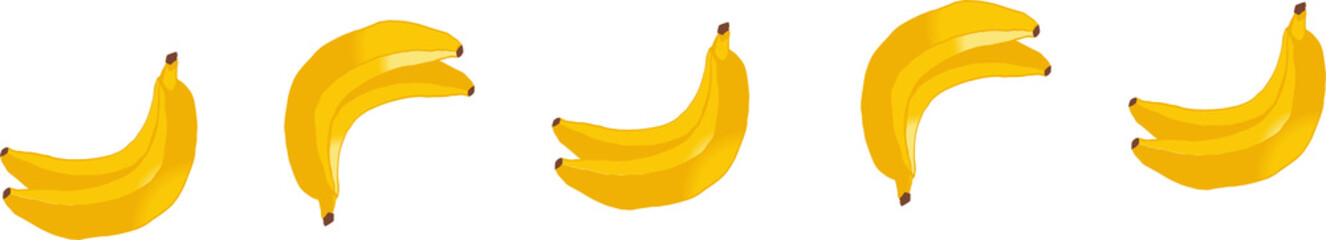 Flat vector graphic is displaying clusters of ripe yellow banana bunches on transparent background
