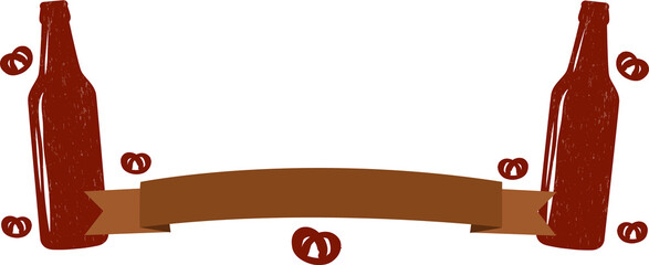 Brown bottles are flanking ribbon banner in flat design, circular accents, transparent background