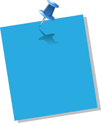 Light blue pushpin is piercing bright blue sticky note in 3D render, transparent background