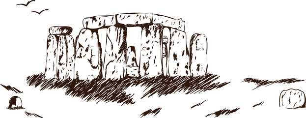 Showing megalithic circle with lintels, grass and birds in sketch style on transparent background