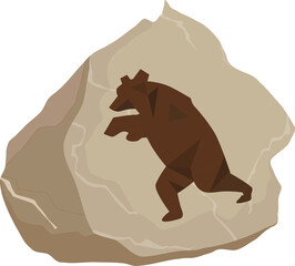 Geometric brown bear silhouette is leaping across beige rock in low-poly on transparent background