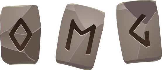 Ancient runestones are floating on transparent background in flat style with diamond, M, G carvings