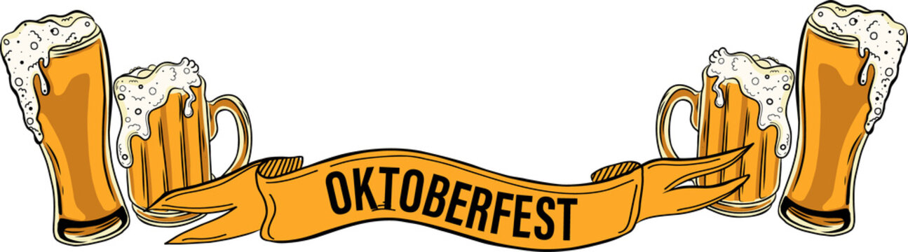 Naklejki Oktoberfest flat showing four beer mugs with foam around ribbon banner with transparent background