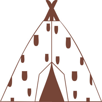 Stylized conical teepee is showing on transparent canvas with crossed poles and U-shaped patches