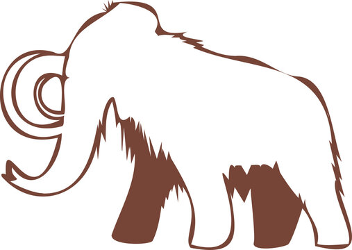 Fototapeta Flat woolly mammoth silhouette is floating on transparent backdrop with curved tusks and shaggy fur