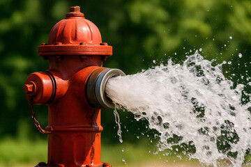 Red fire hydrant with water spraying from nozzle, surrounded by greenery, showcasing urban infrastructure and emergency preparedness in a vibrant outdoor setting