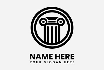 Solid black silhouette of a classic Greek or Roman architectural column within a circular frame, symbolizing strength, stability, and classical design. Law or education concept