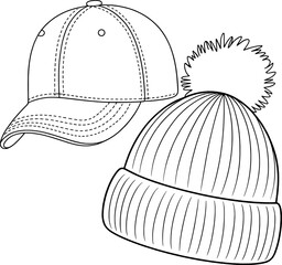 Baseball Cap and Knit Beanie Hat Line Drawing winter hat