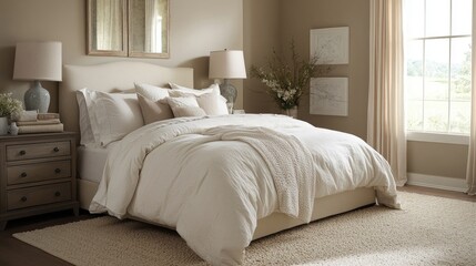 Obraz premium Cozy and Elegant Bedroom Interior with Neutral Tones and Soft Textures Featuring a King Sized Bed and Decorative Accents