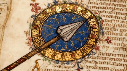 Illuminated manuscript page detail showing a spearhead inside a decorative circle.