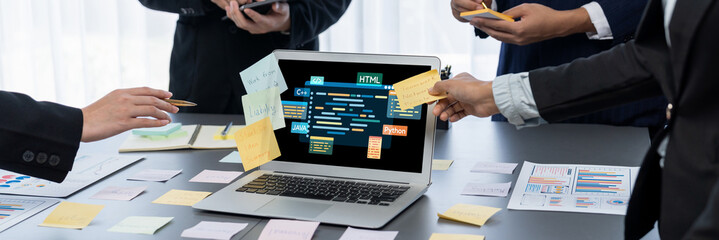 Software development or programming work with coding screen of various programming languages like HTML, , , and C brisk for new application development