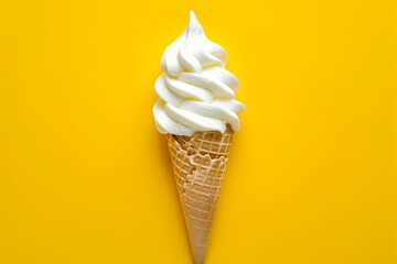 Ice cream cone on bright yellow background. Summer dessert, minimalistic sweet food flatlay