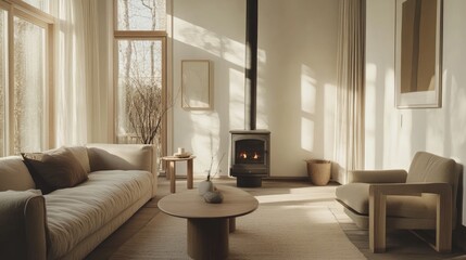 Cozy and Bright Modern Living Room with a Wooden Stove, Natural Light, and Minimalist Furniture for Relaxation and Comfort