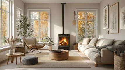 Fototapeta premium Cozy modern living room interior with warm fireplace surrounded by autumn scenery and stylish furniture
