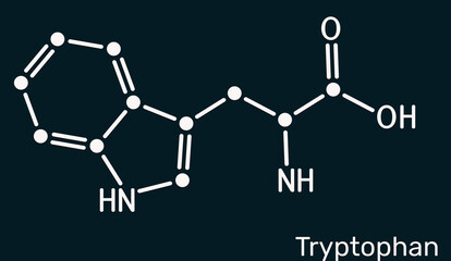 Tryptophan, Trp or W molecule chemical structure. Essential amino acid and serotonin precursor. Dark blue background, illustration