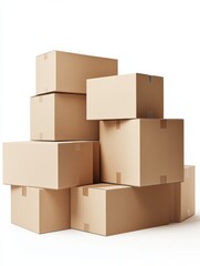 Multiple cardboard boxes stacked on top of each other, isolated on a clean white background, symbolizing logistics and inventory management