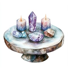 Watercolor arrangement of crystals and candles on a round stone platform
