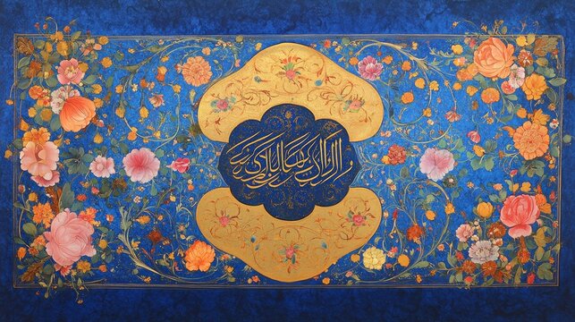 Ornate floral design with central text on a blue background.